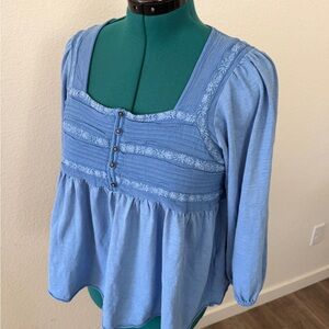 Lucky Brand Light Blue Embroidered Peasant Top